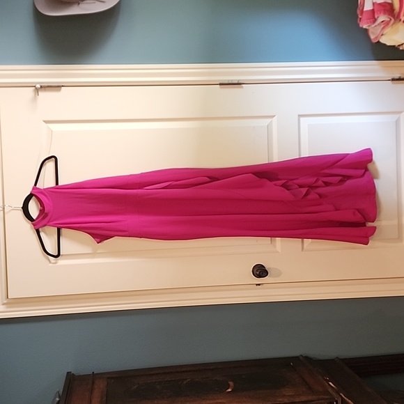 Woosea Fuschia Pink Long Maxi Dress Sleeveless Halter Deep Ruffled Side Slit LG - Picture 5 of 8